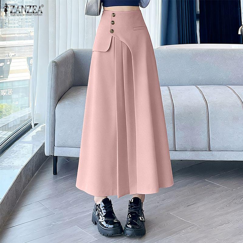 ZANZEA Dames Casual Elastische Taille Effen Kleur Losse Lange Rokken