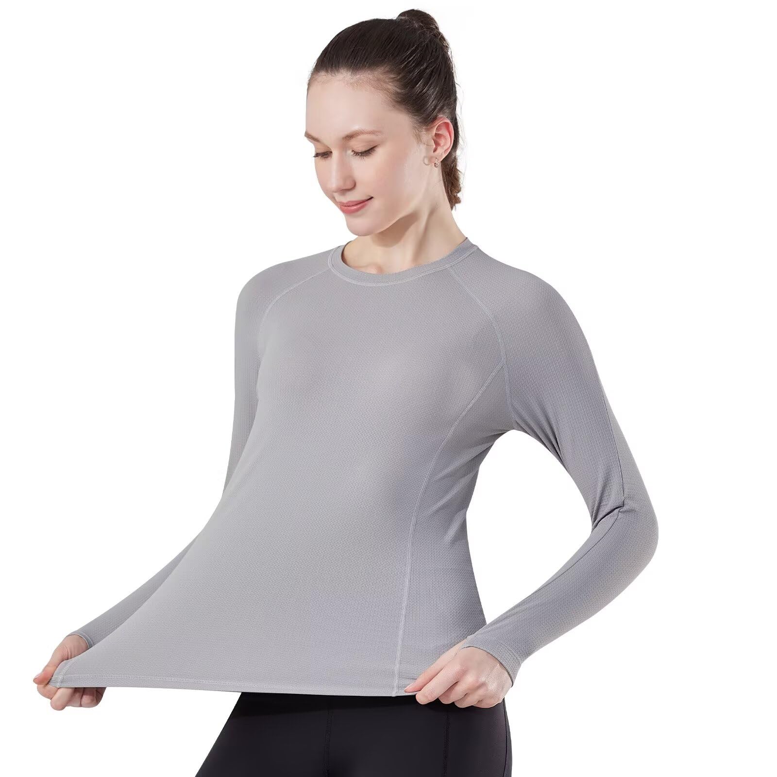

Крутое нижнее белье для летних тренировок с длинным рукавом, спортивное компрессионное, прохладное на ощупь, быстросохнущее, с защитой от УФ-лучей [Nesseo] женское, футболка, футболка, серый