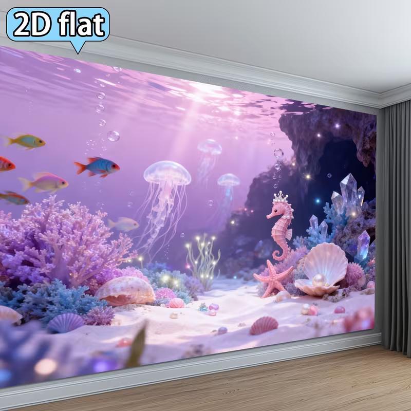 

2D Magical Underwater Tapestry Purple Blue Ocean Wall Art for Kids Room 47.2x31.5inch/120*80cm
