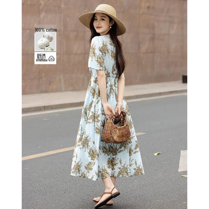 Demana Summer Vacation V-Neck Puff Sleeve Cotton Midi Dress S