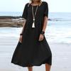 Women Casual Cotton Linen Short Sleeve Round Neck Solid Color Loose Pocket Beach Holiday Seaside Dress Skirt Summer