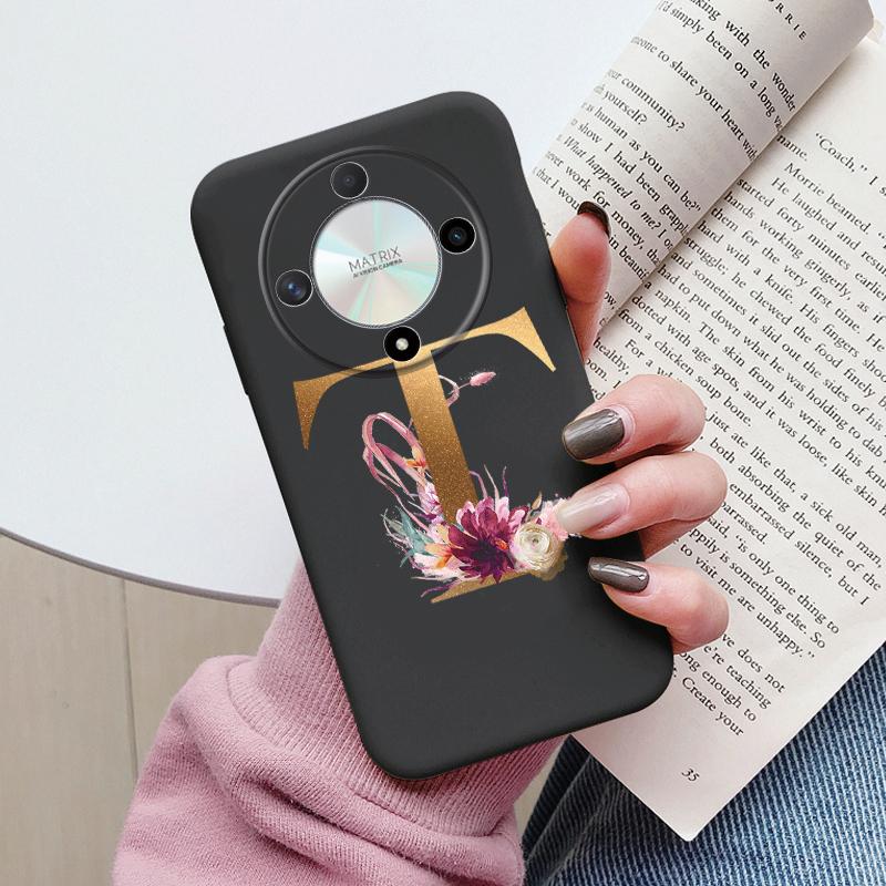 Buchstaben-Handyhülle für Honor X9b X9a Magic5 Lite Magic6 Lite 5G Hülle Retro-Blumen Rosa Schwarz Weiches TPU Initialen Silikon Fundas