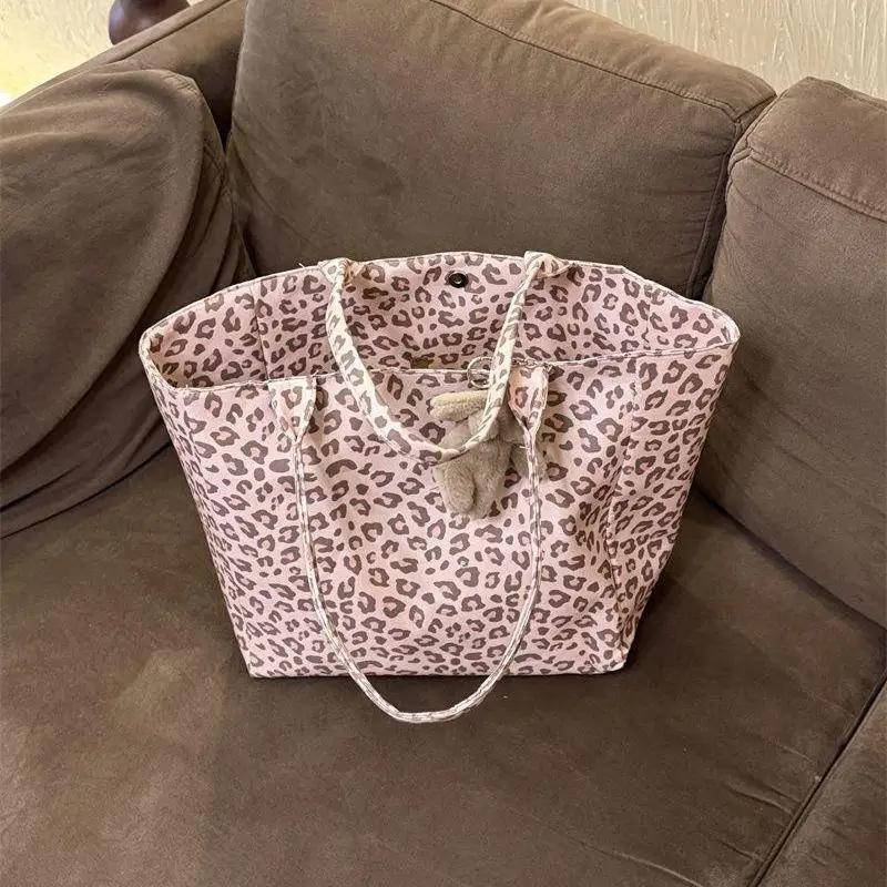 Leopard Print Canvas Tote Bag For Women Large Capacity Casual Shoulder Bag Daily Commuter Handbag For Shopping Work Travel Bag