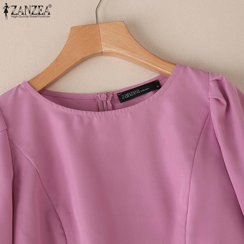 ZANZEA Women Casual Round Neck Split 3/4 Sleeve Summer Loose Blouse