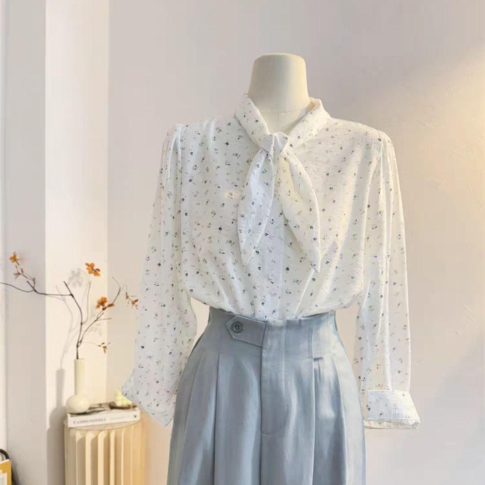 Bow Tie Long Sleeve Shirts Sweet Floral Baggy Shirts Comfortable Blouses for Women Office