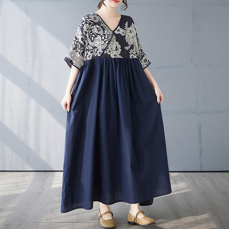 Cotton Season New Cotton and Linen V-neck Splicing Retro Style Dress Middle-aged and Elderly Mother Dress Large Size Dress