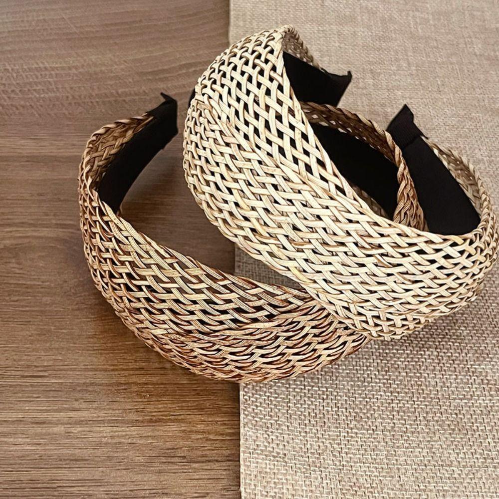 Hollow Wide Edge Hairband Hair Band Bohemian Style Hair Hoop Straw Weave Headband  Daily