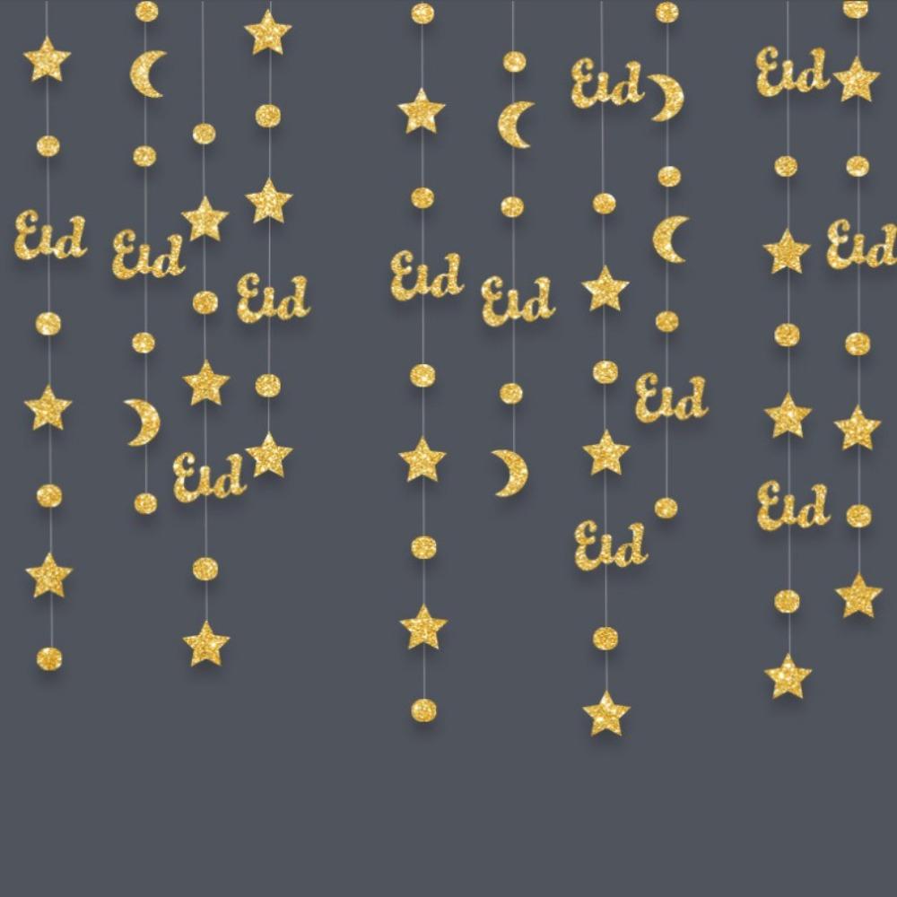 Gold Silver Eid Mubarak Banners DIY Paper Glitter Paper Ramadan Kareem Decor Pull Flag Ceiling Hanging Star Moon Lantern