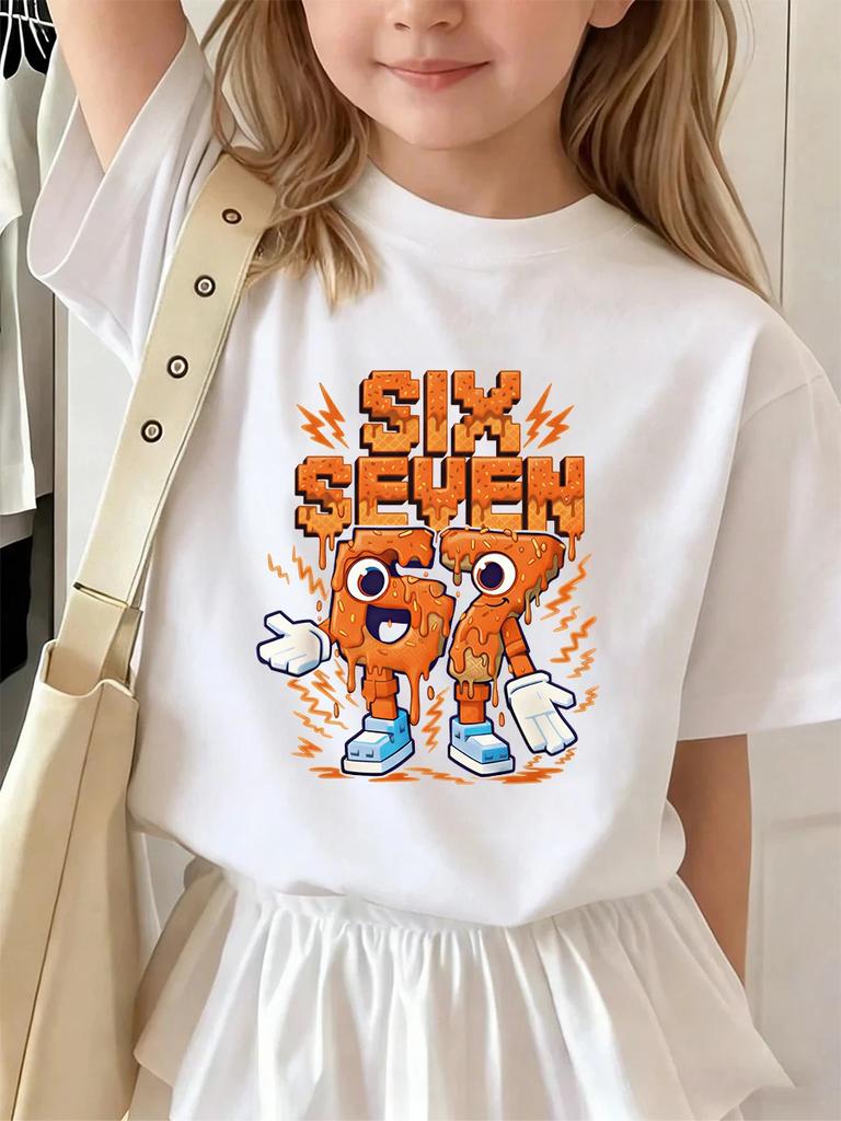 Six Seven 67 Italian Brainrot Funny Kids Short Sleeve T Shirt Summer Crewneck Cute Cartoon Hot Age 3-14 Boys Girls