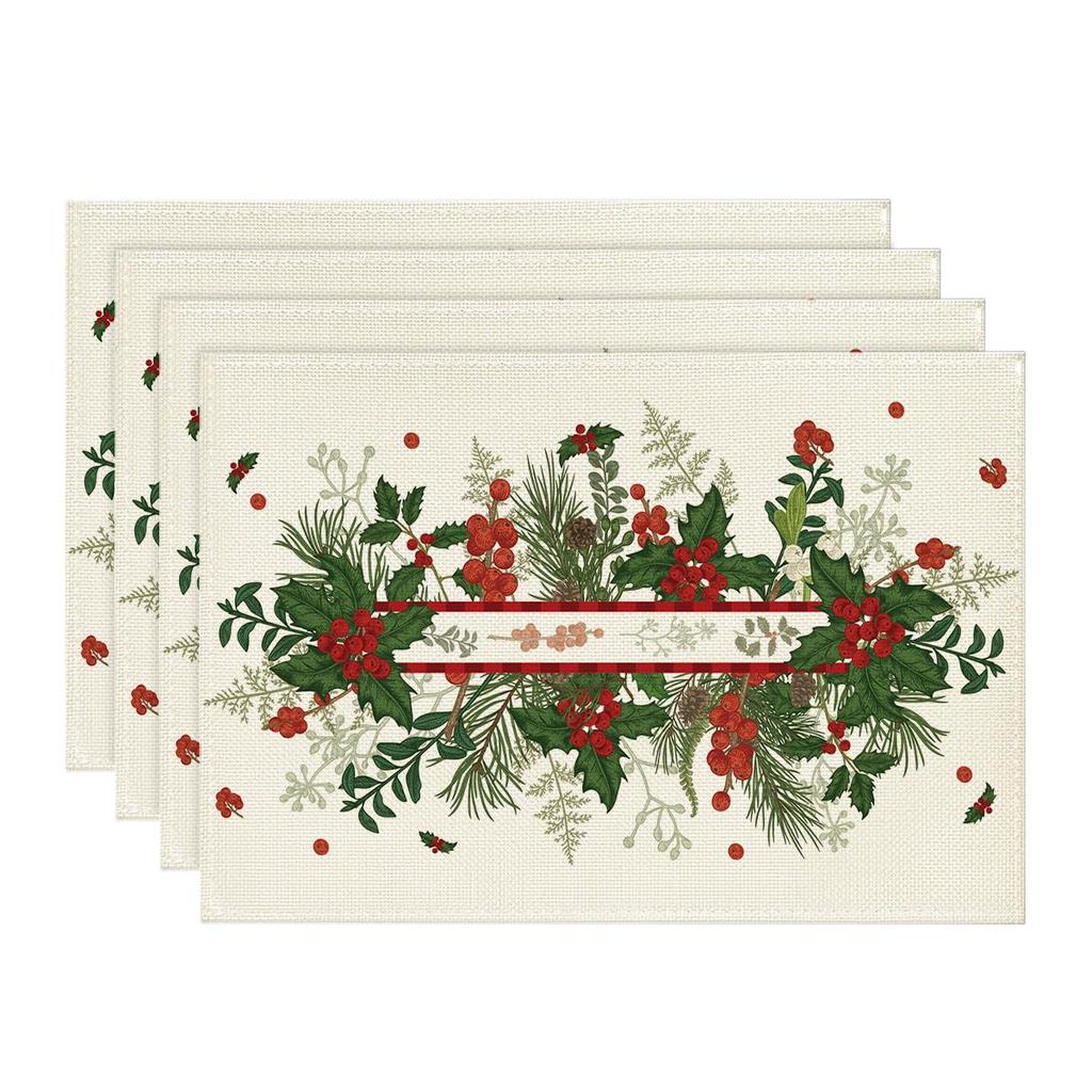 Blätter Stechpalme Weihnachten Tischsets Set von 6, 12x18 Zoll Saisonale Winter-Tischsets für Party Küche Esstisch Dekoration