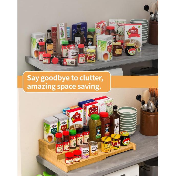 Spice Rack Organizer, 3 Tier Expandable Bamboo Spice Rack Organizer, Great for Kitchen Cabinet, Cupboard, Pantry and More-Bamboo