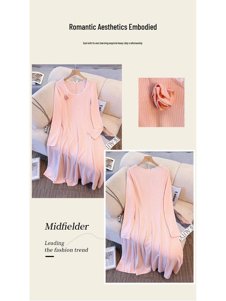 Plus Size Knit Cardigan & Dress Set for Women (130-300 Jin) - Elegant, Waist-Cinched, Slimming Two-Piece Outfit.