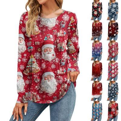 Damenmode Weihnachten bedruckte Kleider Herbst Casual Tops Langarmshirts Lose Pullover