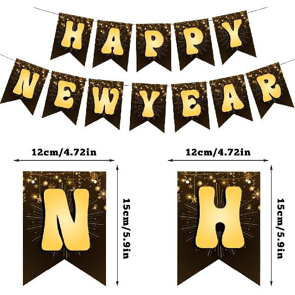 Happy New Year 2026 Banner - Black and Gold Metallic Hanging Bunting Sign with Lettering for New Years Eve Party Decor, Holiday Celebration Backdrop