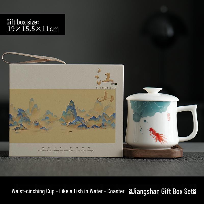 Jade Conference Sheep Fat Porcelain Tea Cup with Lid – White Ceramic Mug for Home and Office, Ideal Gift