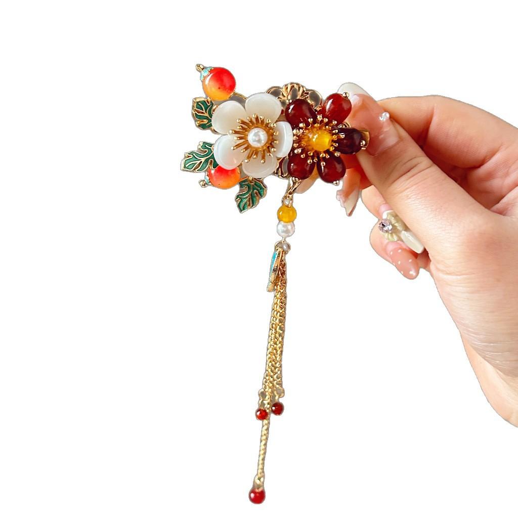 Pearl double flower hairpin female high-end exquisite hair accessories hairpin antique style headgear fringed hairpin clip duck bill clip