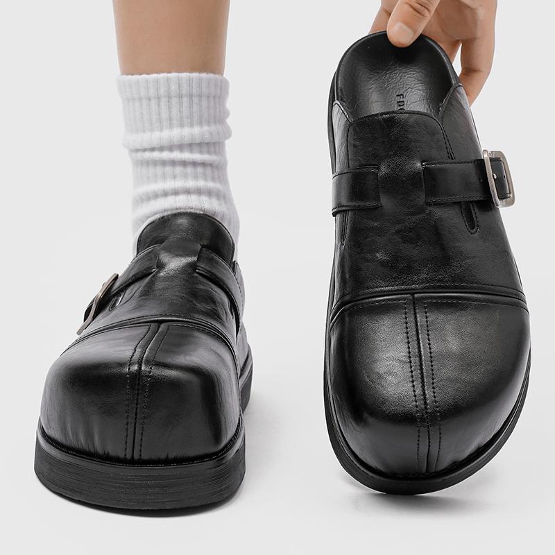 Fashion Fashion Men Half Loafers Casual Leather Slippers Punk Style Slides Breathable Mules Shoes Male Outdoor Thick Bottom Half Shoes