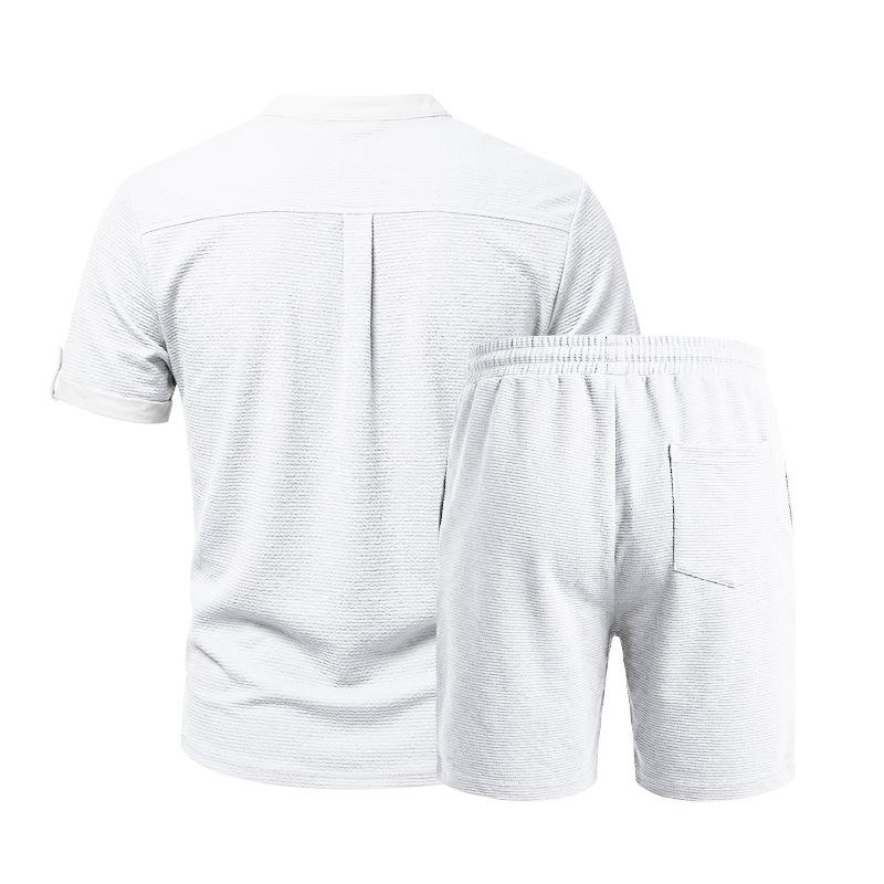 Men's 2-Piece Casual Outfit Henley Neck Short Sleeve T-Shirt Elastic Waist Shorts Set Summer Breathable Textured Tracksuit
