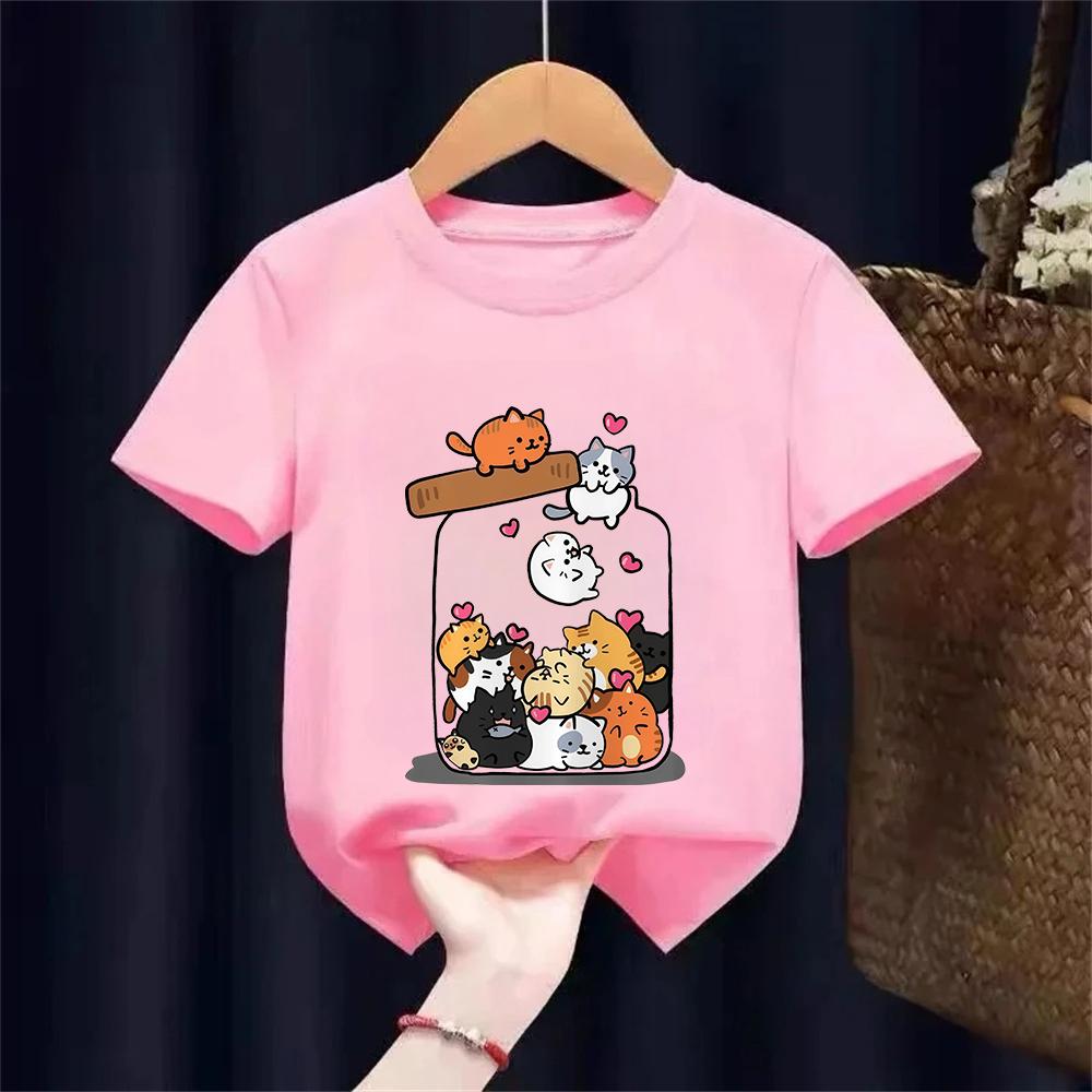 Fashion Funny Cat T Shirt Kids Letter Print Short Sleeve Round Neck Boys Girls Casual Summer Breathable Tshirt