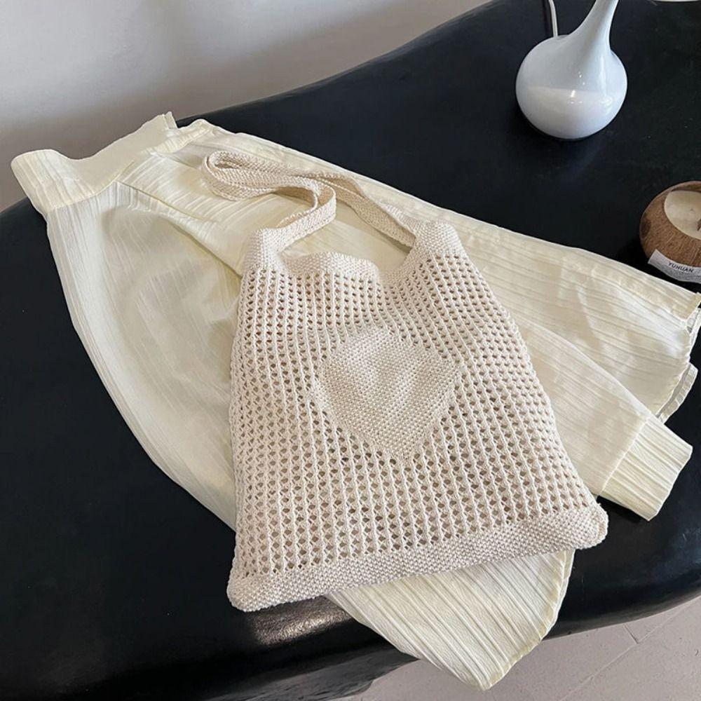 Large Capacity Knitted Shoulder Bag Handmade Weaving Woven Underarm Bag Hollow Out Handbag  Picnic