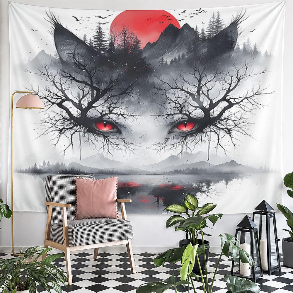 "Red-Eyed Wolf and Forest Moon Art" Pattern Wall Hanging Tapestry Decorative Tapestry Home Decor for Bedroom and Living Room