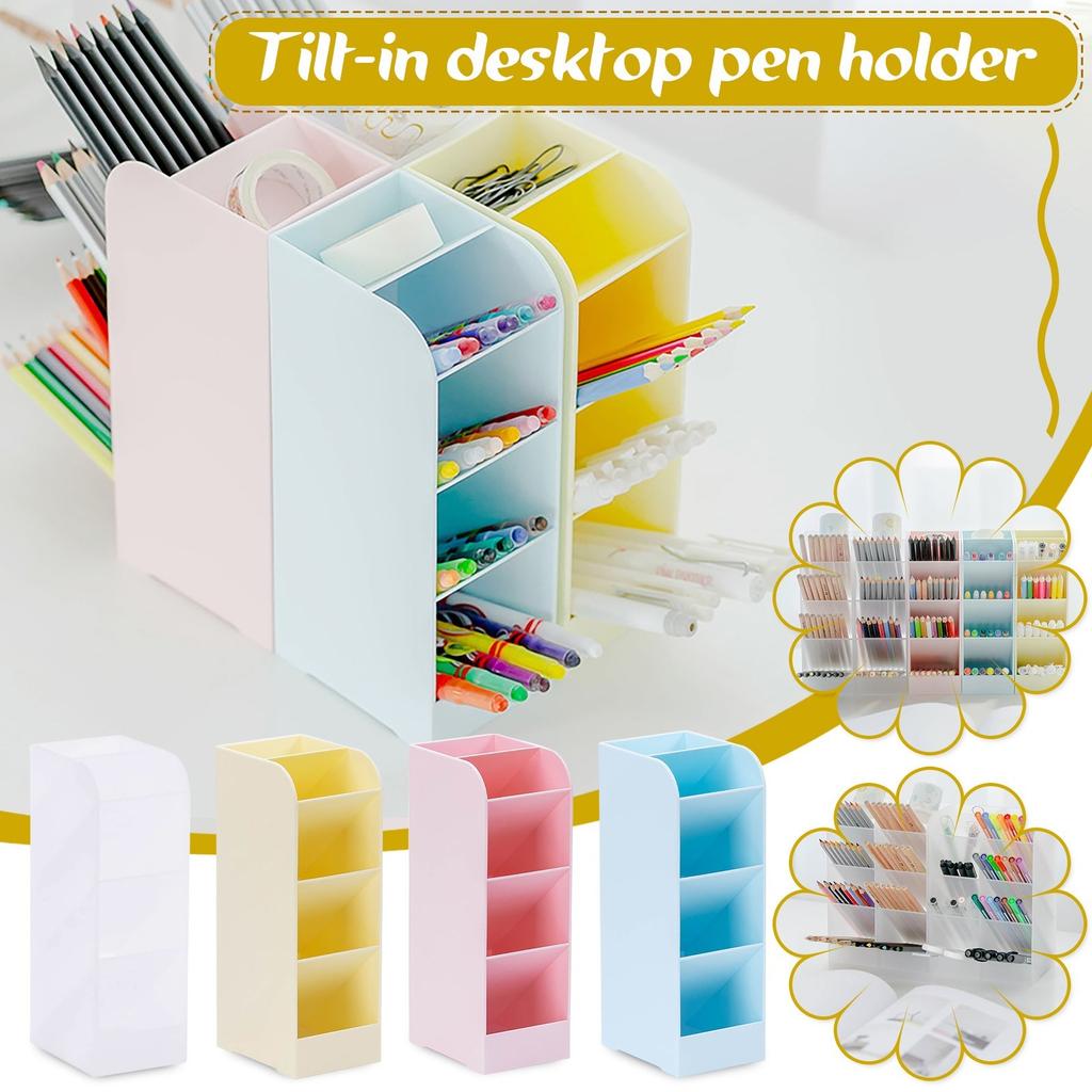 Creative Multi-functional Plastic Compartment Slanting Desk Organizer Pen Holder