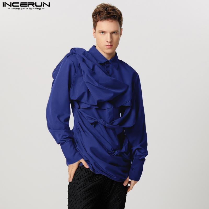INCERUN Men Irregular Ruffled Shirts Front Cross Hollow Long Sleeve Tops