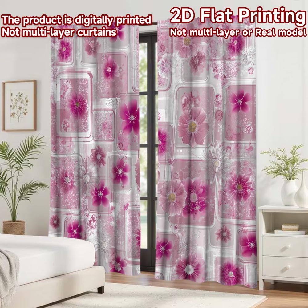 2D flat printing 2pcs Curtain Curtains Spring Floral Squares Digital Printed Polyester Drapes Family Party Decoration for