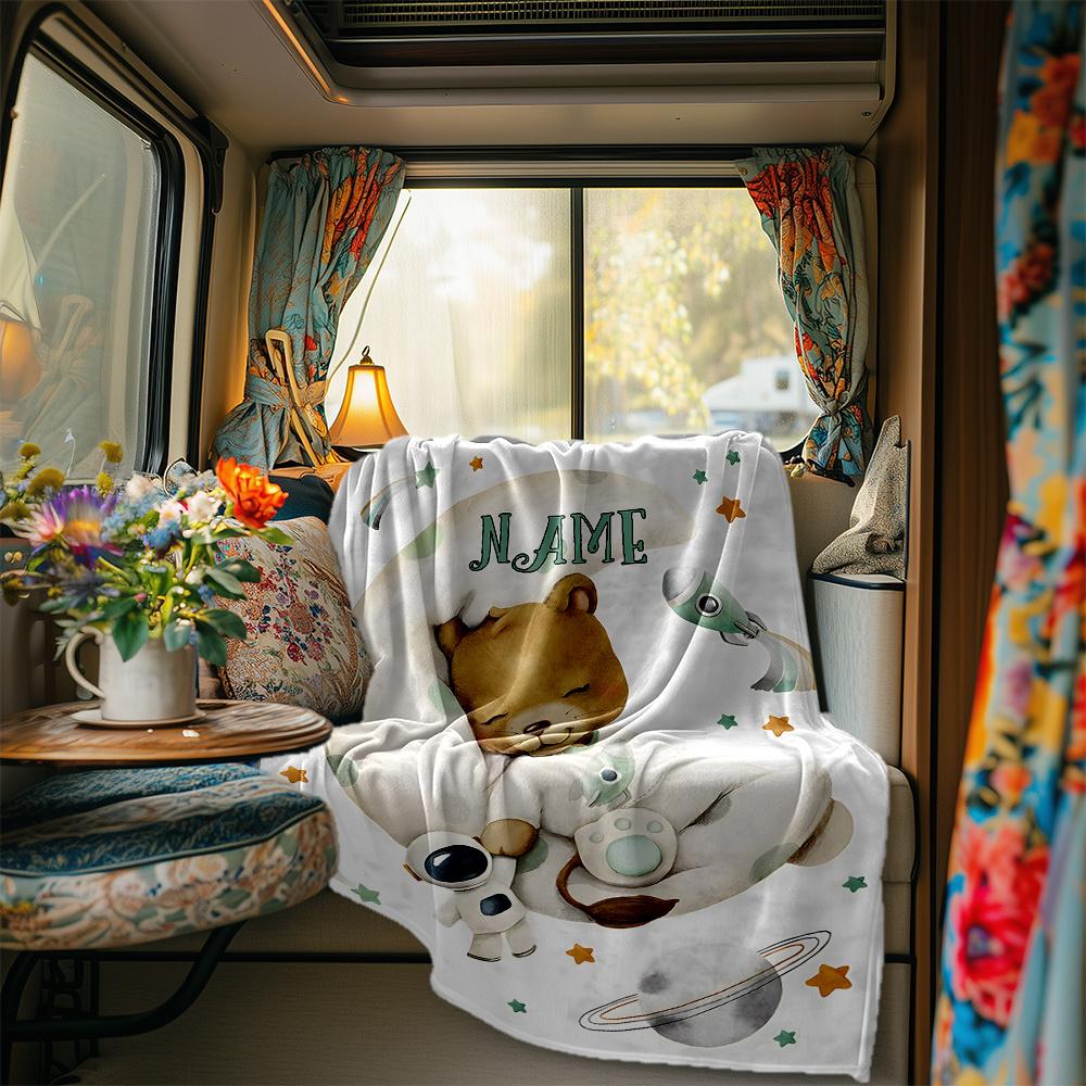Bear Astronaut Moon Stars Blanket Personalized Name Soft Comfortable Stylish Blanket Car Blanket Perfect For Travel Camping Outdoor Home Suitable For