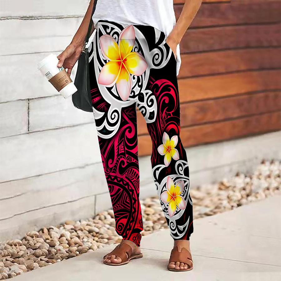 Women Flower Printing Pants Lace Up Elastic Waist Loose  Trousers Casual Long Pants Trousers with Pockets