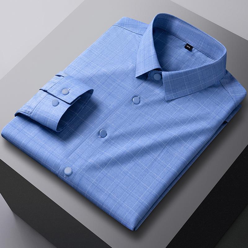 New In Shirt Elastic Plaid Casual Long Sleeve Shirts for Men Slim Fit Formal Shirt Fashion Easy-care Elegants Business Clothes