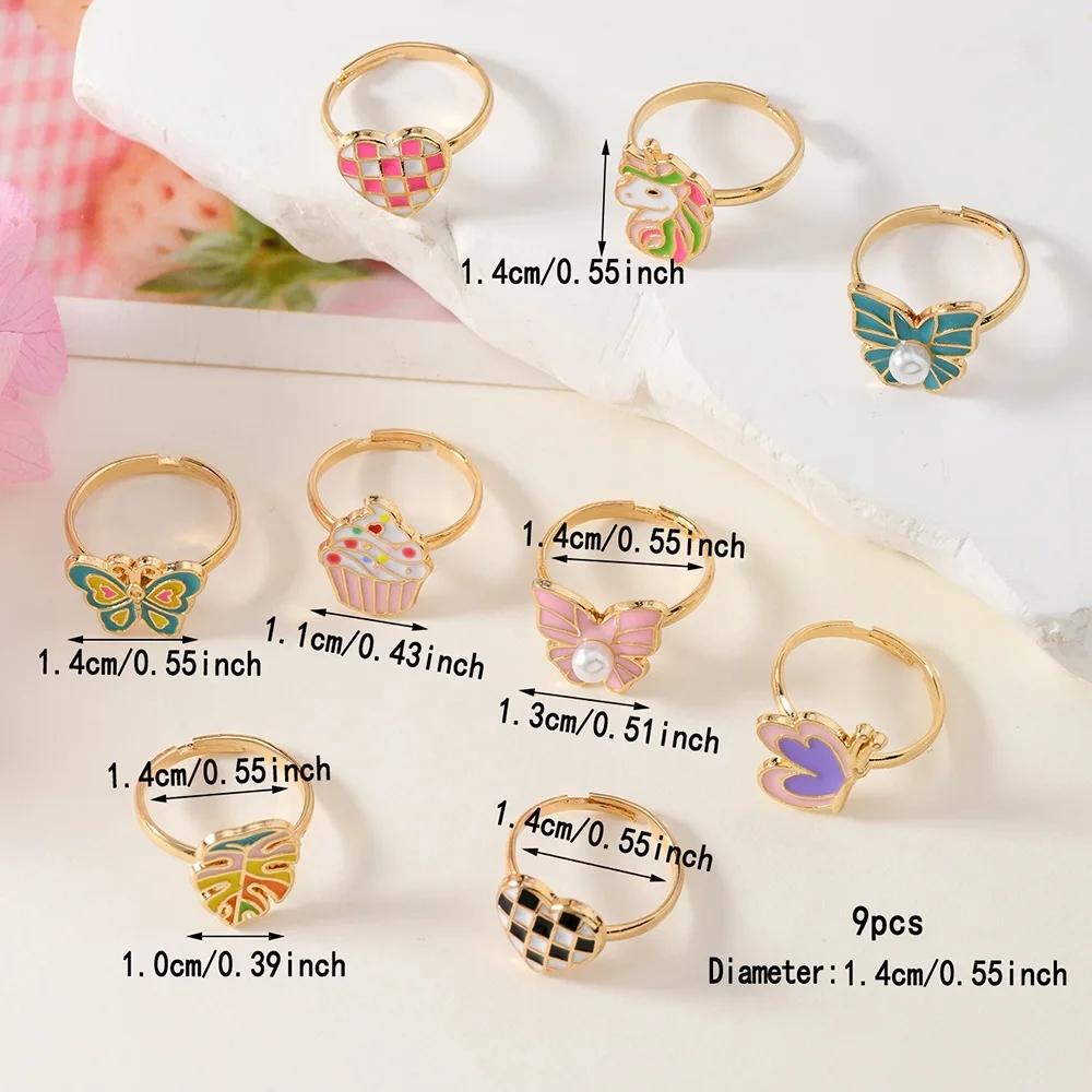 9Pcs Adjustable Rings for Girls Women Flower Butterfly Heart  Alloy Ring Fashion Beauty Jewelry Christmas New Year Gift for Girl