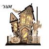 Wooden Castle Figurine 3D Halloween Village Haunted House Figurine, Spooky Light Up Ornament Desktop Retro with Ghost Pumpkin Bat for Home Party Table