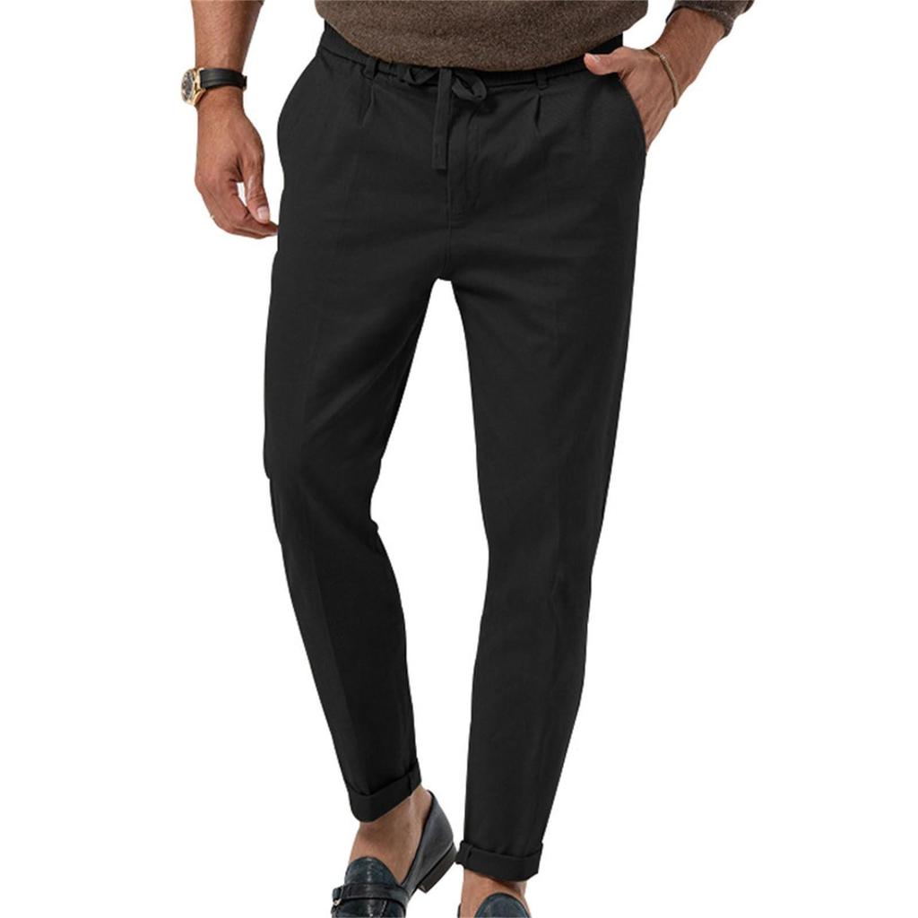 Erkek Daralan Paça Pantolon Günlük Keten Pantolon Elastik Bel Slim Fit Plaj Yoga İş Hafif Pamuklu Cepli Pantolon