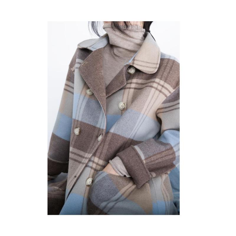 Tooxika Plaid Woolen Coat Winter New Style Over Knee Double-breasted Large Pockets Loose Mid-length Coat