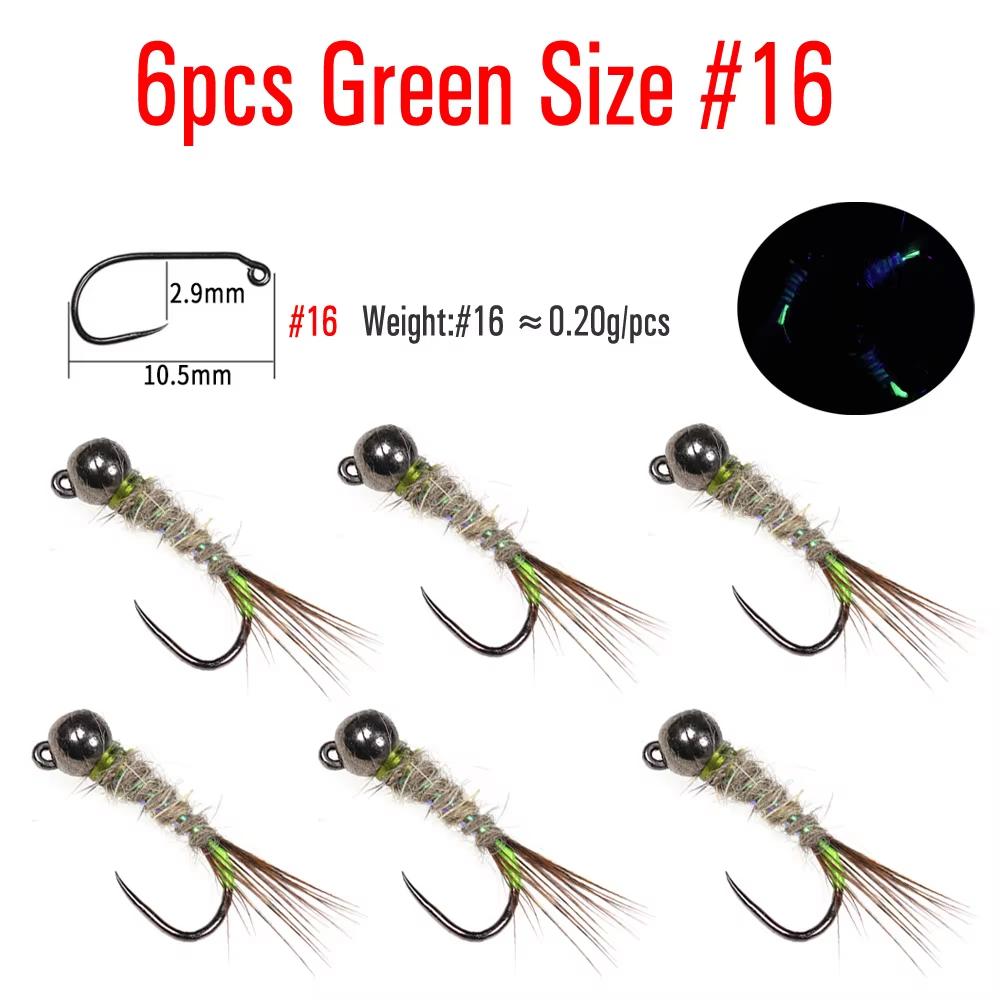 Bimoo 6pcs Black Tungsten Head Fluorescent Orange Pink Green Jig Fly Euro Nymph Perdigon Nymphs Fast Sinking Trout Fishing Lure