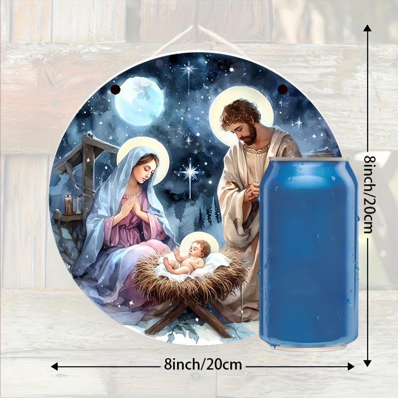 5 buc. semn rustic din lemn cu scenă a Nașterii Domnului, 20x20 cm, coroană - Sfânta Familie în iesle, perfect pentru decorațiuni de Crăciun, agățat pe ușă și perete, ideal pentru casă, cafenea