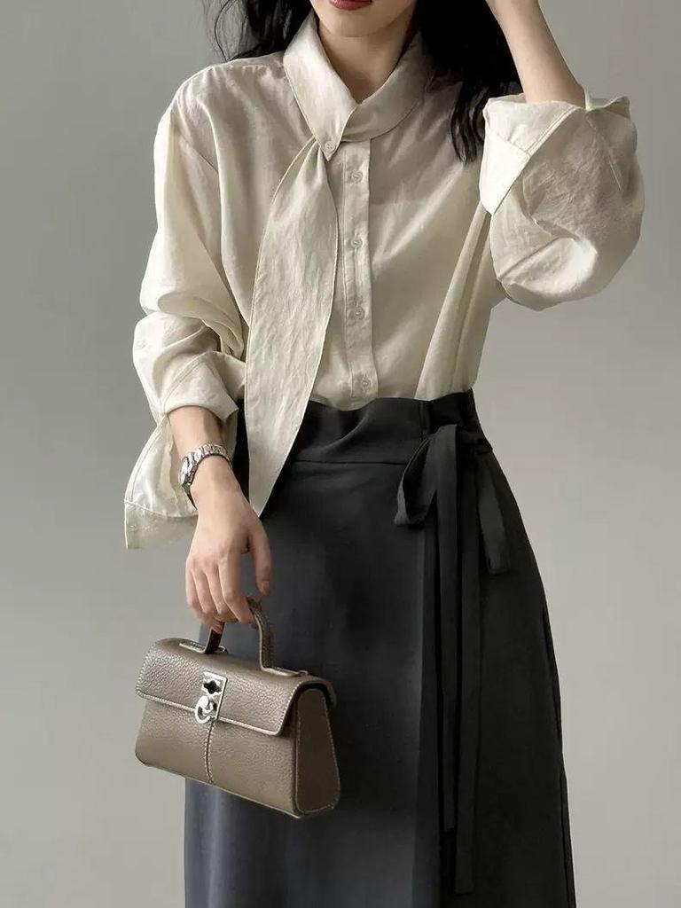Korean-Style Scarf Collar Women's Long Sleeve Shirt - Spring/Autumn Loose-Fit French Top