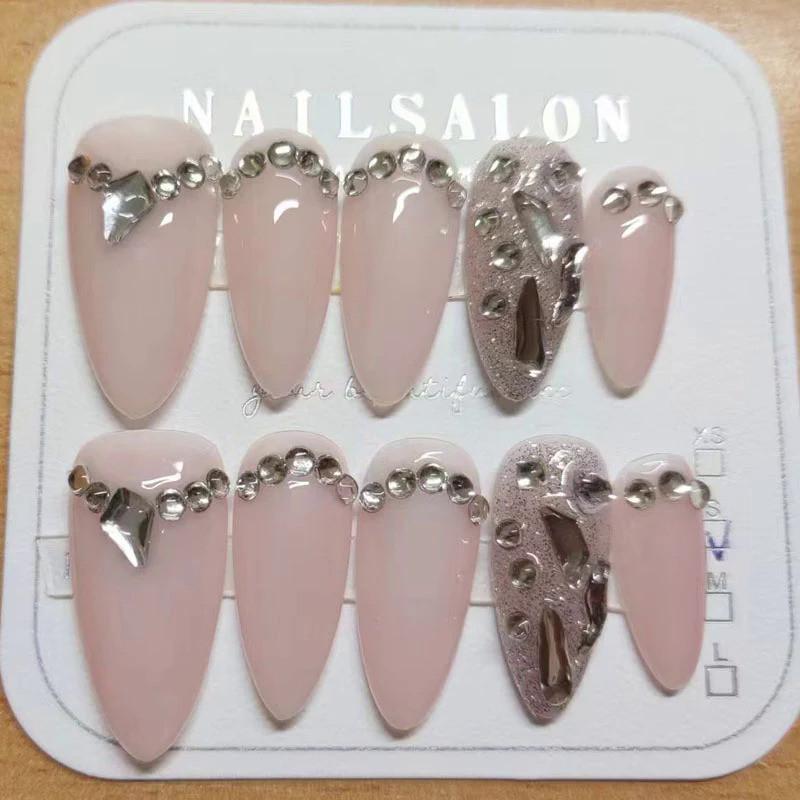 Full Handmade Artificial Nail Art Nude Simple Water Drop Nails with Diamonds Phototherapy Fake Nails Reusable and Removable Nails