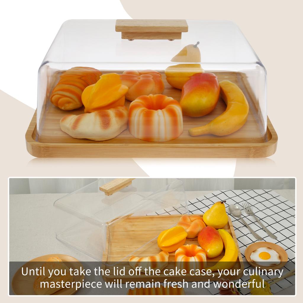 Bamboo Wood Cake Stand Rectangular/Round Snack Display Server Tray with Dust Cover Portable Dessert Plate for Small Party Picnic