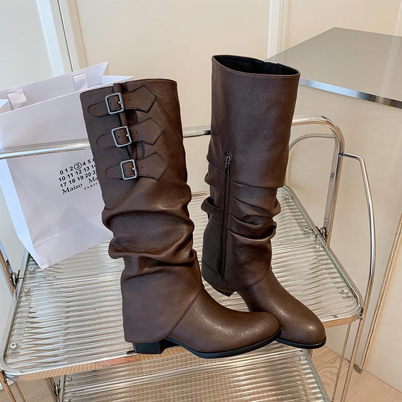 

2025 autumn and winter new product pleated thick heel high boots long boots British belt buckle medium heel knight boots fashion boots women s boots 39 темно-коричневого