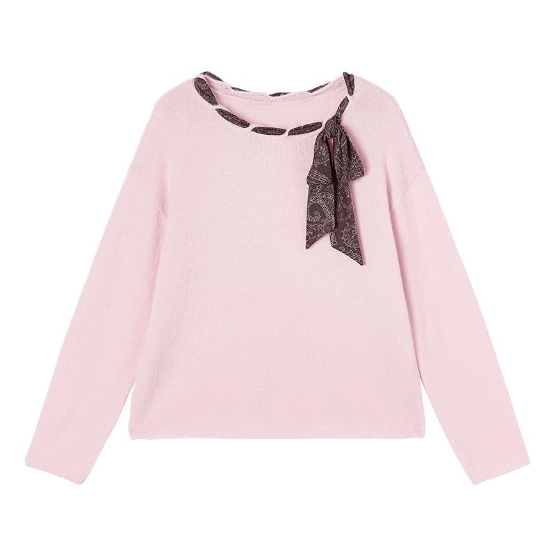 Women's Square Neck Long Sleeve Knit Sweater with Ribbons