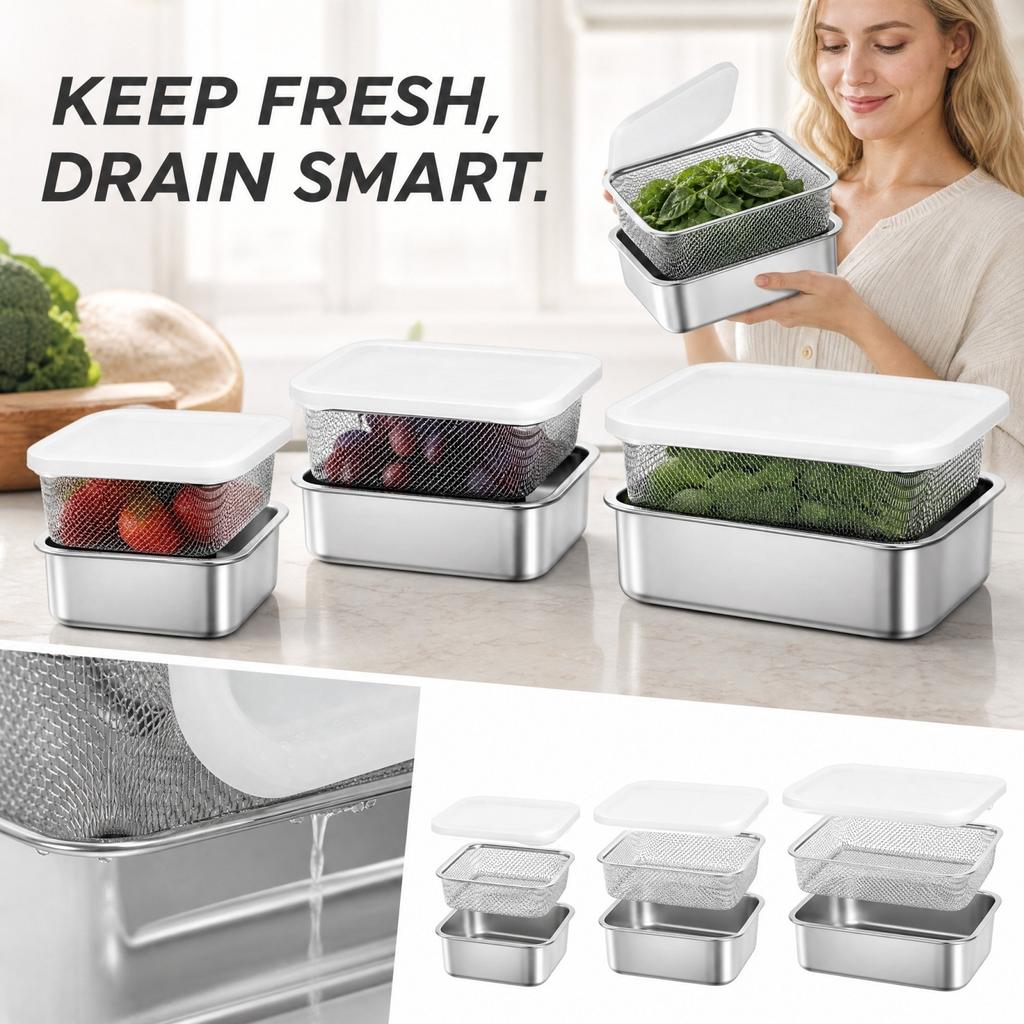Contenitore Alimentare in Acciaio Inossidabile 304 con Cestello Scolatore - Drenaggio Cucina e Frigorifero