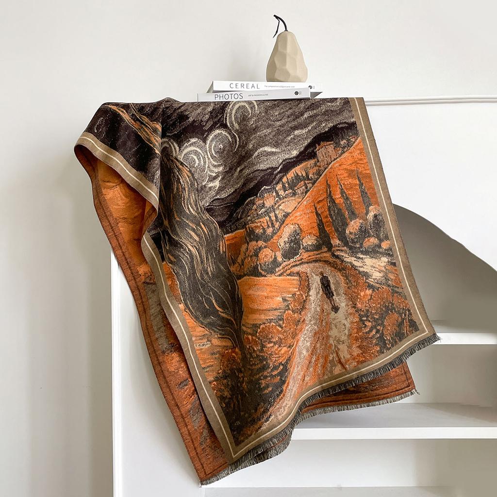 Design Scarves Women Autumn Winter Thicken Scarf Imitation Cashmere Oil Painting Shawl Warm Coldproof Windproof Blanket