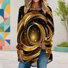 Women Plus Size Round Neck Long Sleeve Black Gold Printed Loose High Low Hem Shirt With Pockets