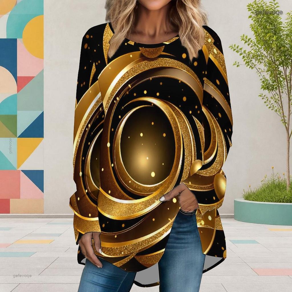 Women Plus Size Round Neck Long Sleeve Black Gold Printed Loose High Low Hem Shirt With Pockets