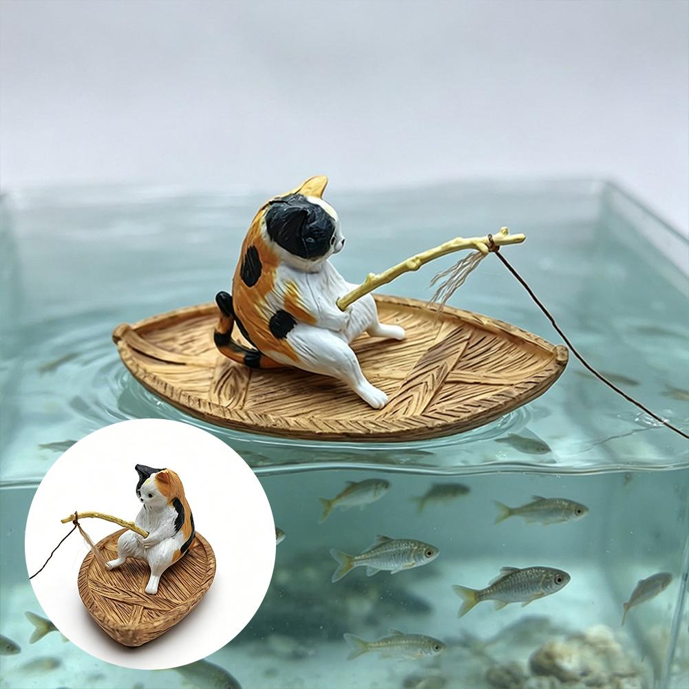 1Pc Creative Cat Fishing Boat Aquarium Ornament Premium Resin Marine Theme Durable Fish Tank Landscape Decor Aquarium Ornament