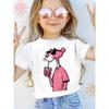 Europäische Größen Niedliches Rosa Leo-Print T-Shirt für Mädchen - Bequemes Sommeroberteil mit Rosa Leo und Getränkegrafik