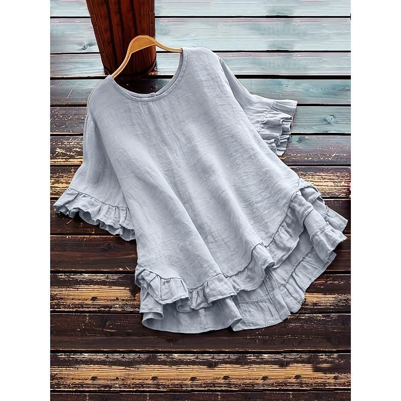 Women's Cotton and Linen Solid Color Shirt Loose Ruffled Cuffs Short-sleeved Button Top