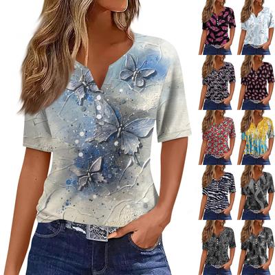 Kadın's Tişört Tişört Desen Düğme Kısa Kollu Günlük Hafta sonu Moda Temel V Yaka Normal Üst